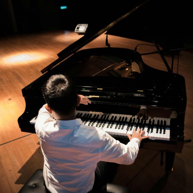 back view photo of a man playing a black grand piano